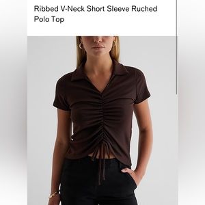 Express Ribbed V-Neck Short Sleeve Ruched Polo Top. Size L. Color Brown